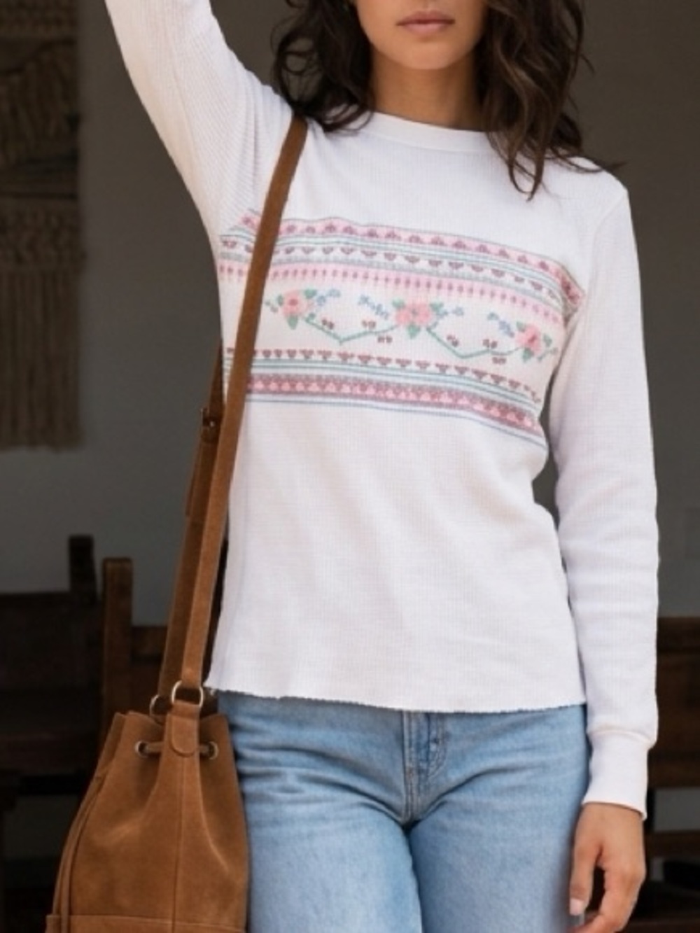 Sears Cream Knit Pullover with Pink and Green Floral Band